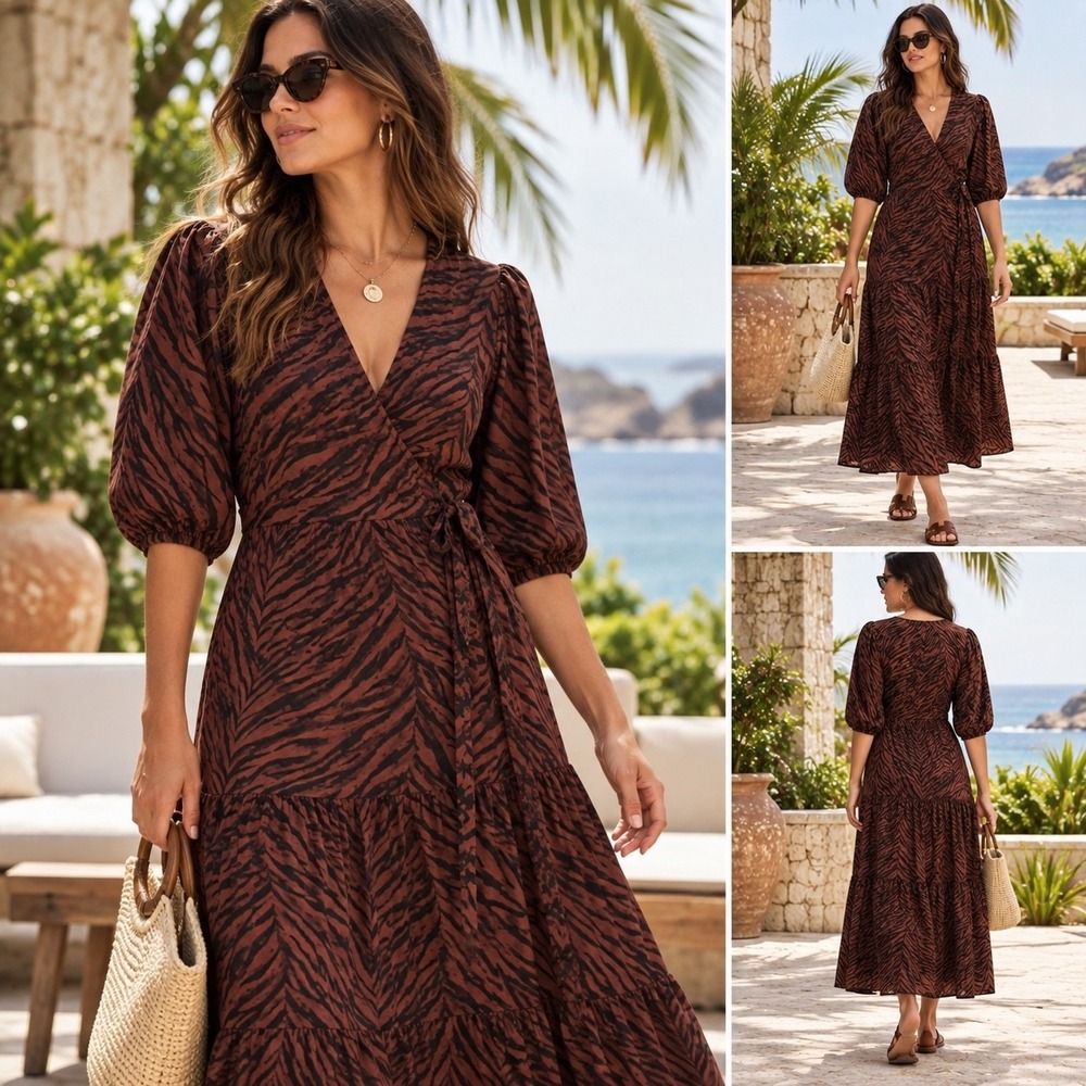 Banana Republic White Lotus Zebra Wrap Maxi Dress XS Petite XSP Black Brown NWT